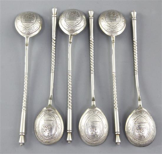 A set of six late 19th/early 20th century Russian 84 zolotnik silver picture back spoons, Length 5 ¼/133mm Total Weight: 3oz/83grms